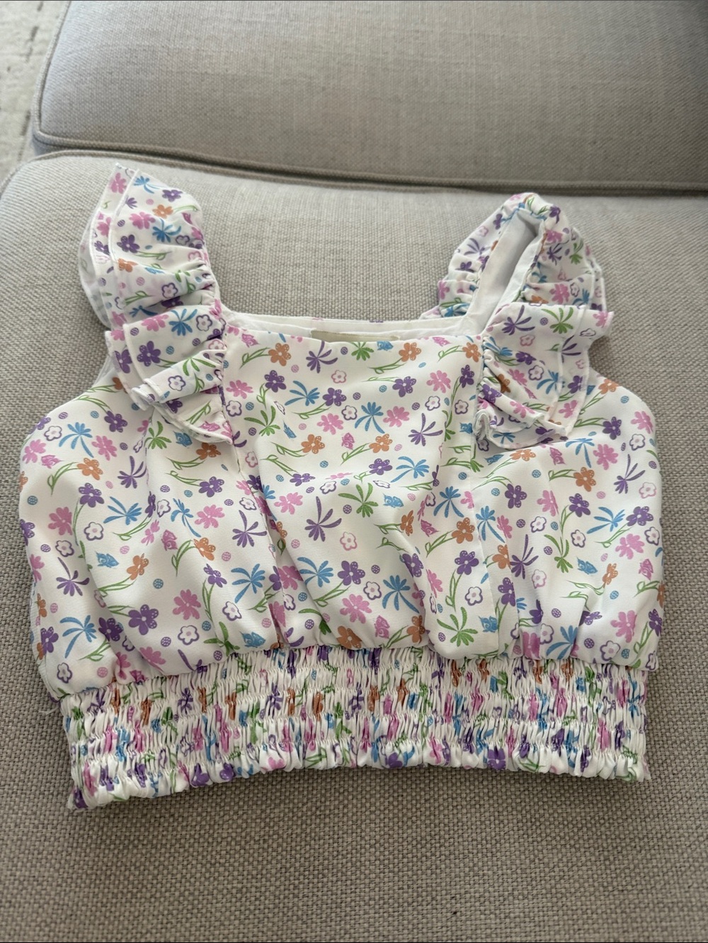 Girls Floral Smocked Crop Top - White with Multicolor Flowers